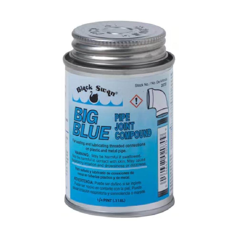 A 4 oz. can of BLACK SWAN 02070 Big Blue Pipe Joint Compound, featuring a metal lid and blue label, seals and lubricates threaded pipe connections in potable water systems; includes warnings and product details.